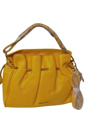 Badgley Mischka Mustard Pleated Shoulder Bag with Snakeskin-Print Handle